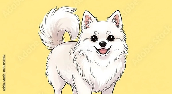 Fototapeta A small, fluffy white dog with a happy expression stands against a yellow background.