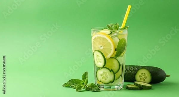 Fototapeta A refreshing glass of cucumber lemon water with mint and a straw.