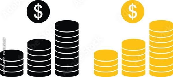 Fototapeta Stacked coin illustration set, financial growth comparison, black and yellow color scheme, dollar symbol, investment concept, money vector graphic, economic visual, no text