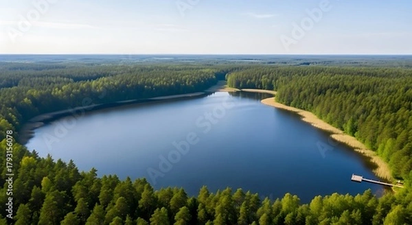 Fototapeta Aerial view of a tranquil lake surrounded by a dense pine forest.