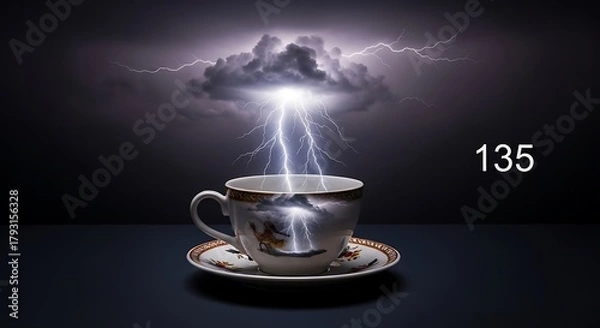 Obraz A lightning strike hits a teacup in a dramatic storm.