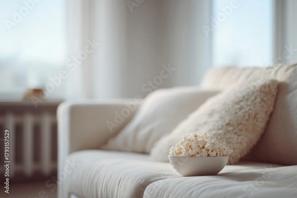 Obraz cozy evening on sofa with minimalistic design featuring list of movies displayed on ar blurred white text bars