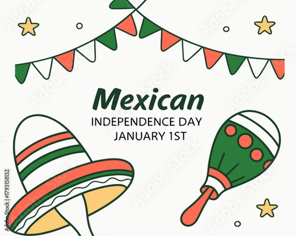 Fototapeta Festive Mexican Independence Day Illustration with Sombrero Maraca Bunting and Stars on January 1st