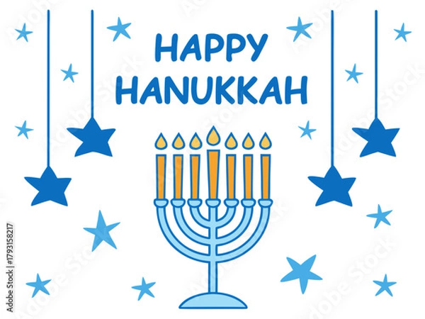 Fototapeta Elegant Happy Hanukkah Illustration with Menorah Star of David and Floral Elements in Blue