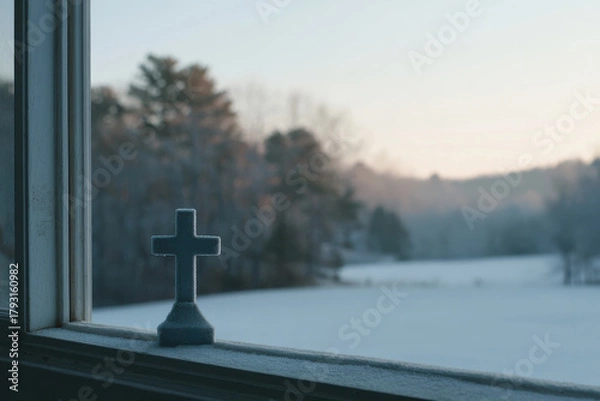 Obraz cross resting on windowsill covered with light frost captures essence of tranquility
