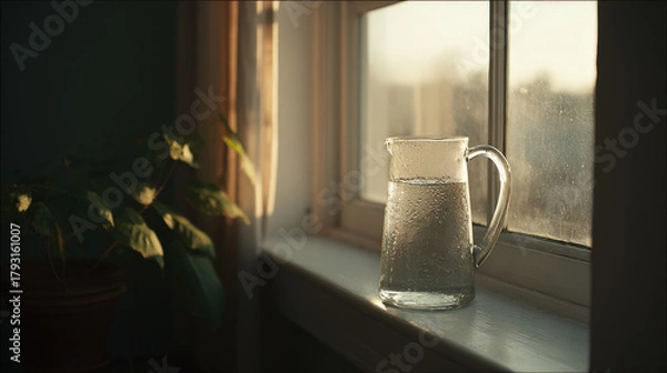 Obraz glass jug filled with clear water sits on windowsill bathed in soft morning light
