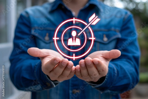 Obraz Person holding a target icon with an arrow hitting the center, focusing on a customer.