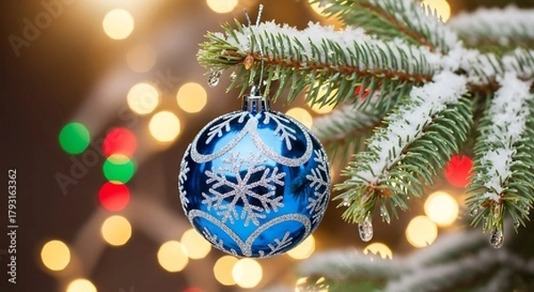 Fototapeta A blue snowflake ornament hangs on a snow-dusted pine branch with bokeh lights.