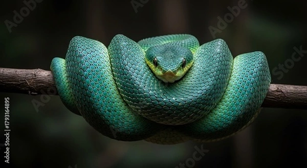 Fototapeta A coiled green viper snake rests on a branch in the jungle.