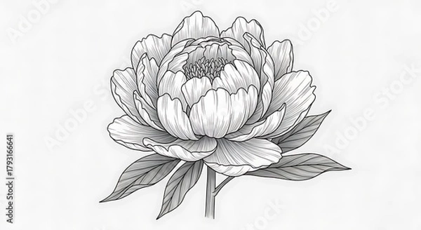 Fototapeta A detailed pencil sketch of a peony flower with delicate petals and leaves.