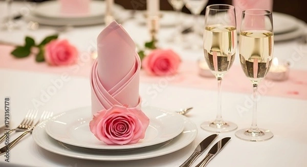 Fototapeta A formal table setting is adorned with pink roses and champagne glasses.