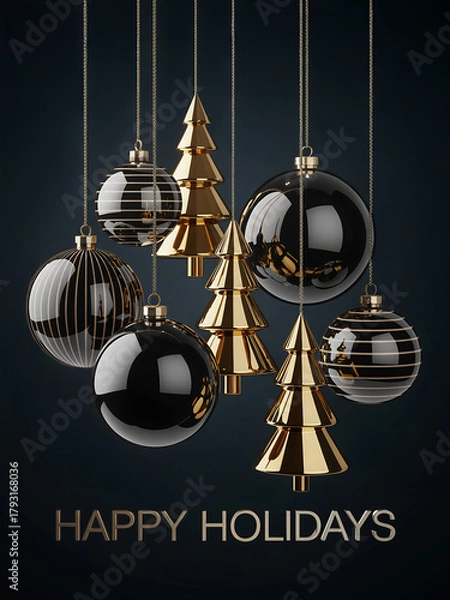 Fototapeta  Happy Holidays. A Christmas  card of black glass baubles with metallic  stripe patterns and  polished gold geometric Christmas tree-shaped ornaments on dark background.