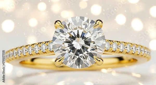 Fototapeta A close-up of a sparkling diamond engagement ring on a gold band.