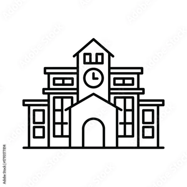 Fototapeta Classic school building with a clock tower, minimalist line art illustration