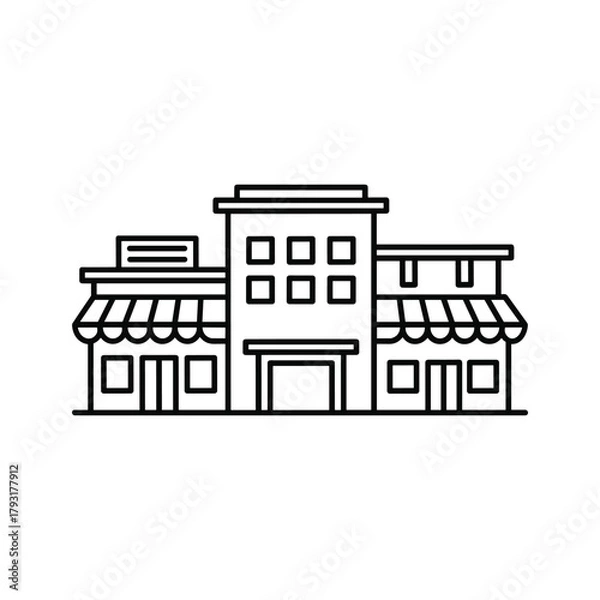 Fototapeta Commercial building with storefronts and awnings, minimalist line art illustration