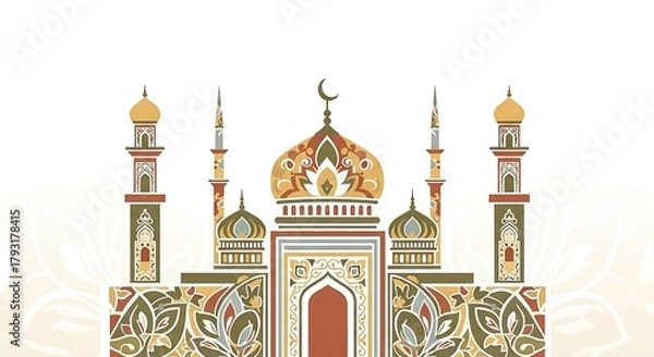 Fototapeta Ornate mosque with minarets and dome against a patterned background