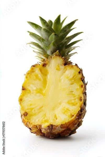 Obraz Mezzo ananas posizionato in verticale, con ciuffo di foglie verdi e buccia, polpa succosa, maturo, dolce e invitante. Isolata su sfondo trasparente