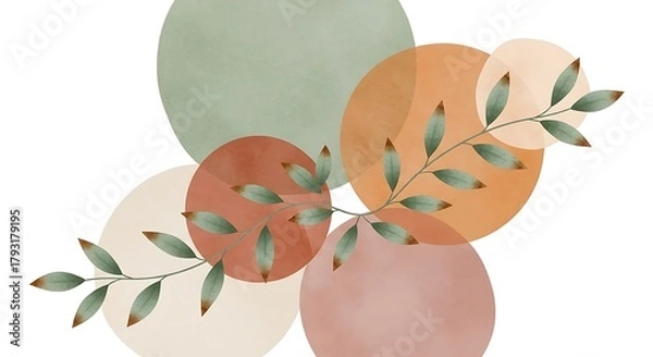 Fototapeta Abstract watercolor circles with a botanical branch are overlaid.