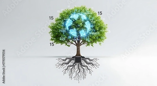 Fototapeta A tree with a recycling symbol in its branches and circuit board roots