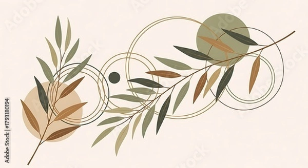 Fototapeta Abstract organic shapes and leaves create a minimalist design on a light background.