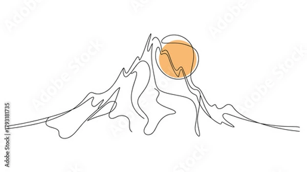 Fototapeta minimalist mountain landscape with stylized sun, continuous line art drawing of nature scene in black and orange tones