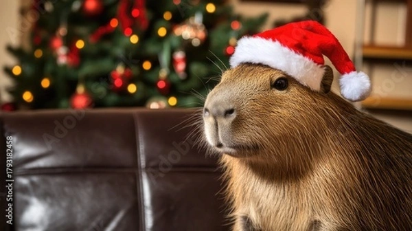 Fototapeta A capybara wearing a Santa hat sits on a couch in front of a decorated Christmas tree with colorful lights and ornaments
