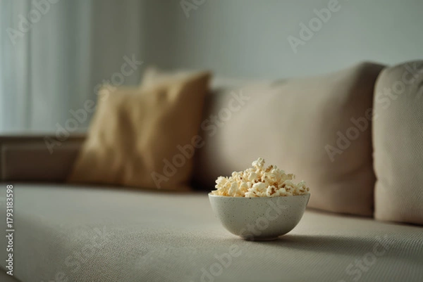 Fototapeta cozy evening on sofa with minimalistic design featuring list of movies displayed on ar blurred white text bars