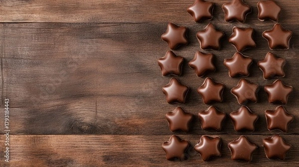 Fototapeta Chocolate star-shaped candies arranged on a wooden surface.