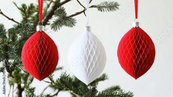 Fototapeta Three decorative honeycomb ornaments in red and white hanging from a Christmas tree branch.