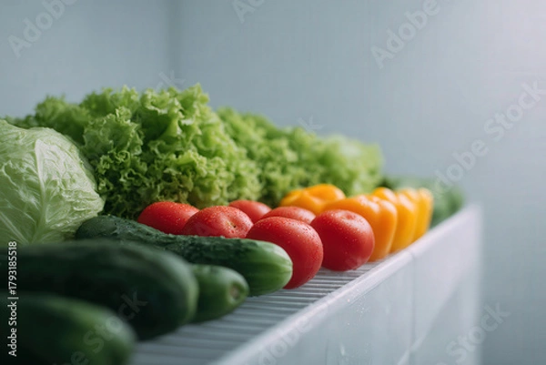 Fototapeta minimalist refrigerator filled with variety of fresh vegetables featuring ar blurred white text bars