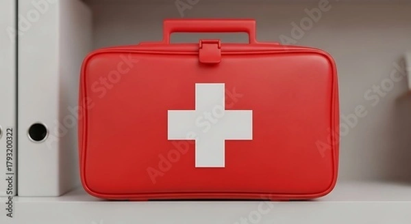Fototapeta A red first aid kit with a white cross symbol is on a shelf.