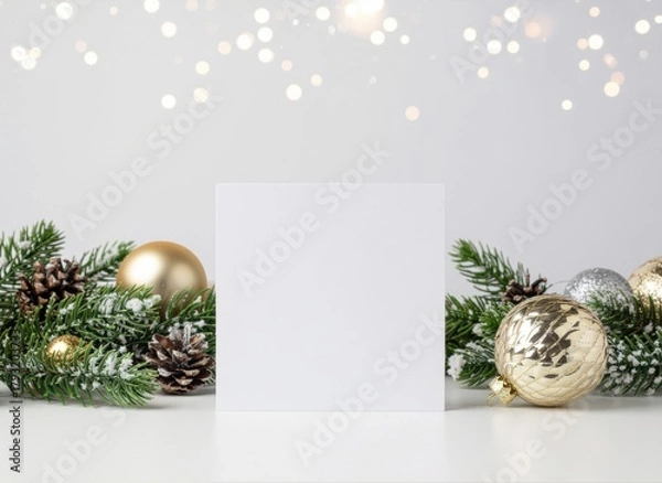 Fototapeta Festive Holiday Mockup with Blank Card, Pinecones, Snow-Dusted Pine Branches, and Glittering Ornaments – Perfect for Christmas or New Year Invitations