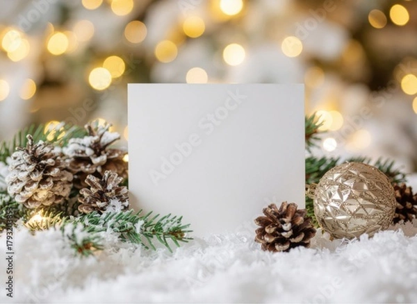 Fototapeta Elegant Winter Mockup with Blank Card, Snowy Pinecones, and Warm Bokeh Lights – Ideal for Holiday Celebrations and Seasonal Invitations