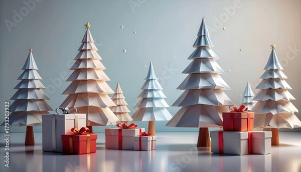 Fototapeta Minimalist Christmas Scene With Paper Trees and Gift Boxes