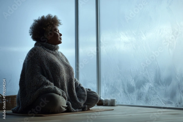 Fototapeta Woman practicing mindfulness at home on a cold winter morning, surrounded by calm light and peaceful energy. Middle-aged woman sitting on yoga mat near frosted window. Hands in lap.