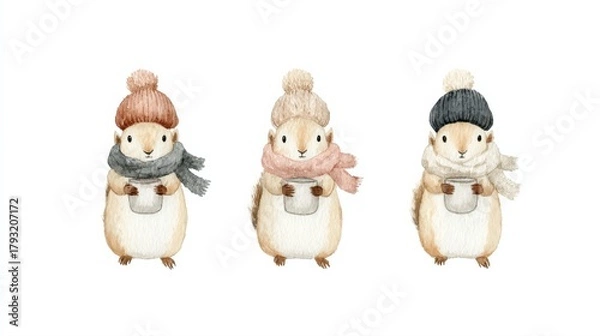 Obraz Cute watercolor squirrels wearing winter hats and scarves.