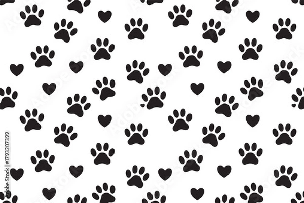 Fototapeta Black Paw Prints and Tiny Hearts Seamless Pattern on White Background for Pet Lovers