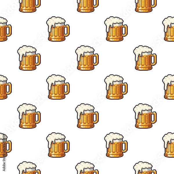 Fototapeta Pixel Art Beer Mug Seamless Pattern - Retro 8-bit Alcohol Beverage Background and Texture