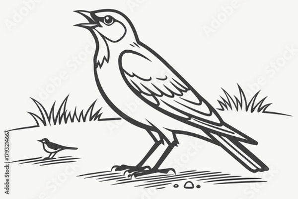 Fototapeta Ladybug on Grass Blade Vector Illustration - Monochrome Graphic