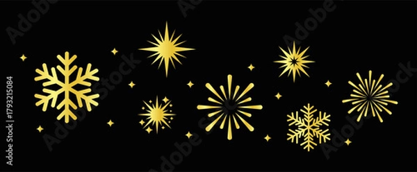 Fototapeta Golden Snowflake and Star Sparkle Set on Black Background