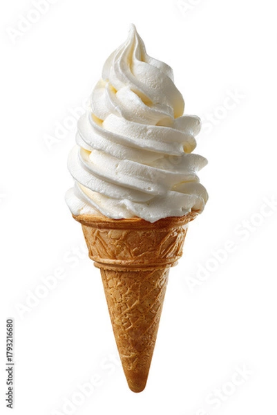 Obraz A single vanilla ice cream cone.  Creamy white ice cream swirls atop a light tan waffle cone.  Isolated against black