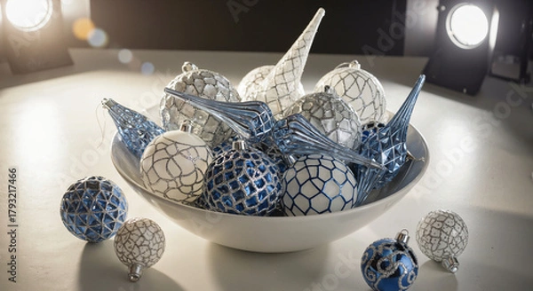 Obraz Christmas decorative ornaments in a modern style with blue and white colors on a bright background