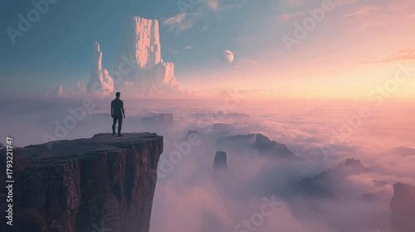 Fototapeta Lone figure standing on cliff edge above clouds at sunset