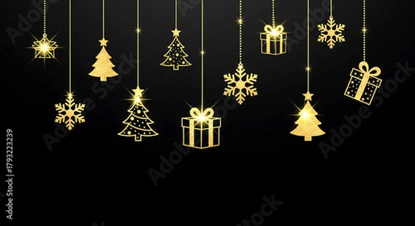 Obraz Sparkling golden Christmas ornaments including trees, snowflakes, and gifts glitter beautifully against a dark background, perfect for festive celebrations.