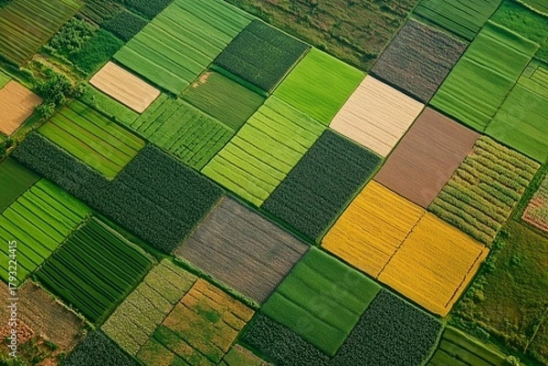 Fototapeta Aerial view of colorful farmland with neatly arranged plots