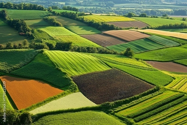 Fototapeta Aerial view of agricultural fields with varying shades of green and brown