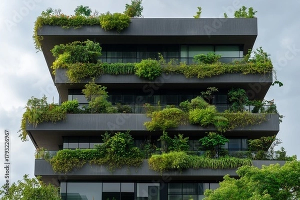 Fototapeta Modern green building with plants and greenery on each floor