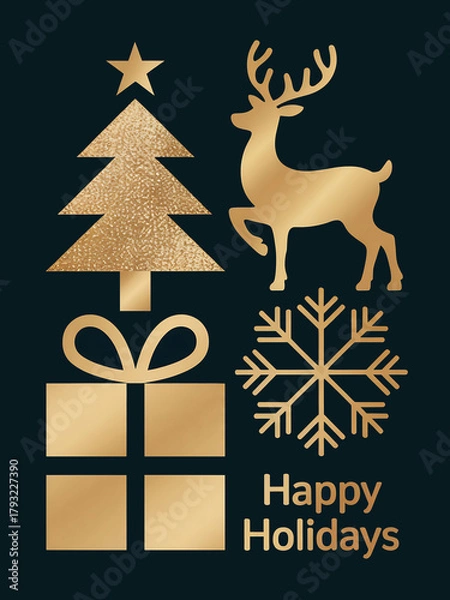 Fototapeta A minimalist Christmas greeting card design with text "Happy Holidays and golden tree,  snowflake, present and deer silhouettes. Dark blue background. 