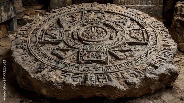 Fototapeta An ancient stone calendar, possibly mayan or aztec, lies in ruins, its intricate carvings and weathered surface hinting at a rich history and forgotten civilization