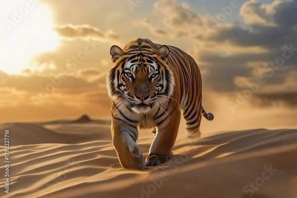 Fototapeta Tiger walking across the desert sands at sunset